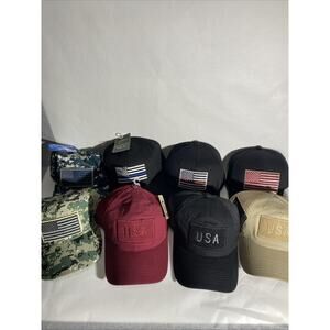 Lot Of 8 Military USA Embroidered American Flag Patriotic Hats *NWT*